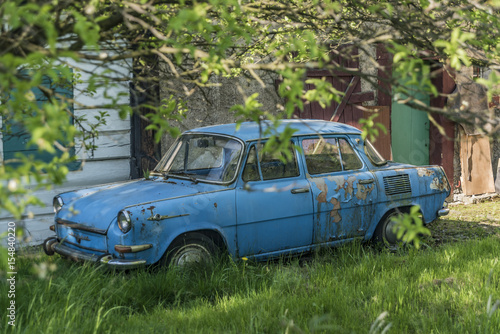Blue old car in green garden