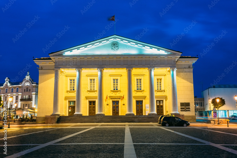 Vilnius Lithuania. Illuminated Town Council In Evening Didzioji Vilnius Lithuania. Illuminated Town Council In Evening Didzioji