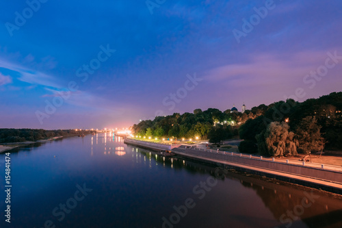 Night View Of Sozh River, Beach, Embankment In Gomel, Homiel, Be