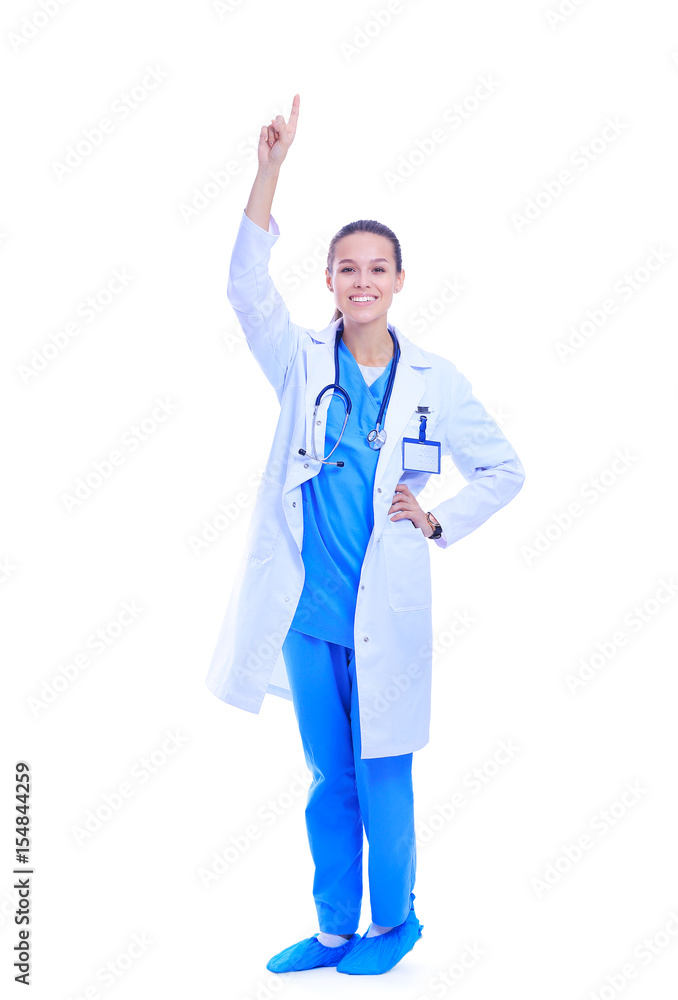 A portrait of a female doctor pointing isolated on white background