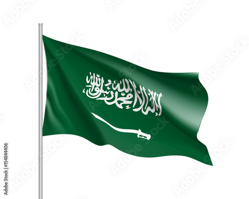 Waving flag of Kingdom of Saudi Arabia. Illustration of Asian country flag on flagpole. Vector 3d icon isolated on white background