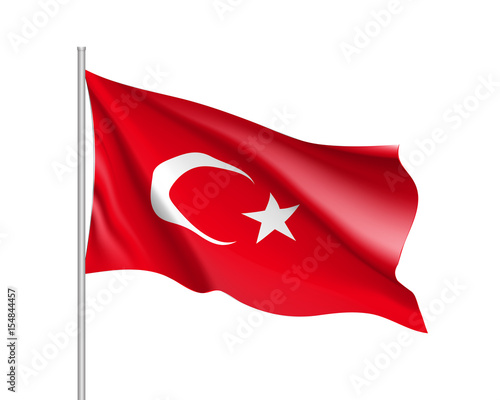 Waving flag of Turkey. Illustration of Asian country flag on flagpole. Vector 3d icon isolated on white background