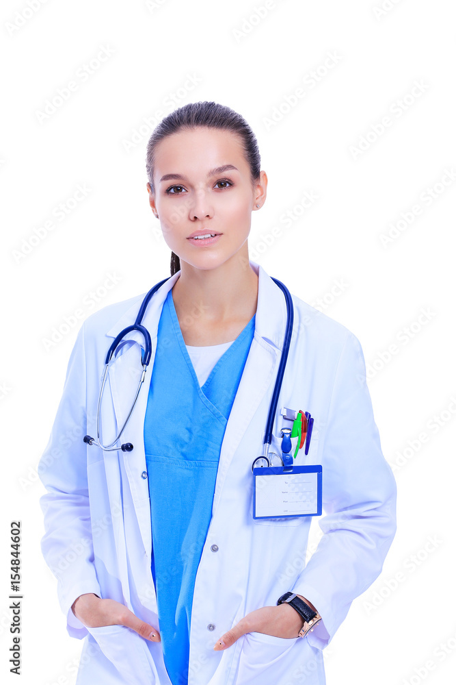 Beautiful young woman in white coat posing with hand in pocket Beautiful young woman in white coat posing with hand in pocket