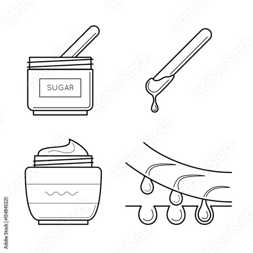 Vector icons set of tools for sugaring procedure. Cosmetic equipment for epilation sticks, sugar and aftershave cream. Spa symbol in thin line style. Outline simple illustrations isolated on white