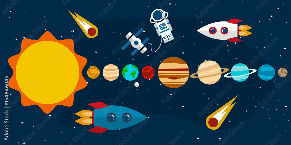 Planets of the solar system, comets, rockets and a space station with an astronaut in the background of an open space. Vector illustration in a flat style Planets of the solar system, comets, rockets and a space station with an astronaut in the background of an open space. Vector illustration in a flat style