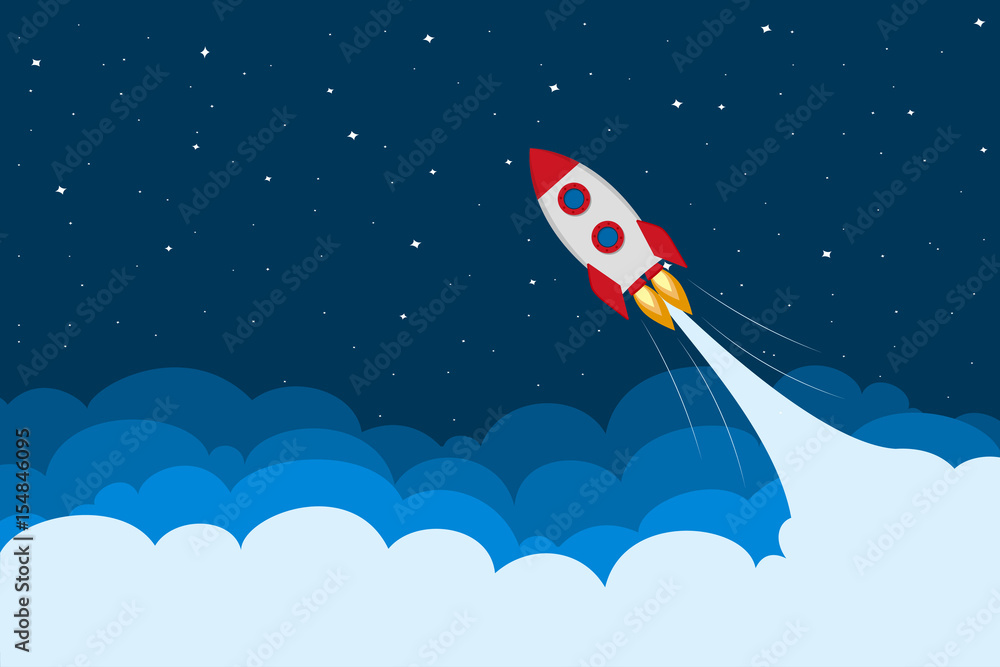 Obraz premium The rocket flies up. Vector illustration in a flat style
