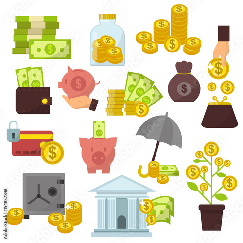 Set of flat design concept money icons for finance banking online payment dollar buck cash note commerce vector