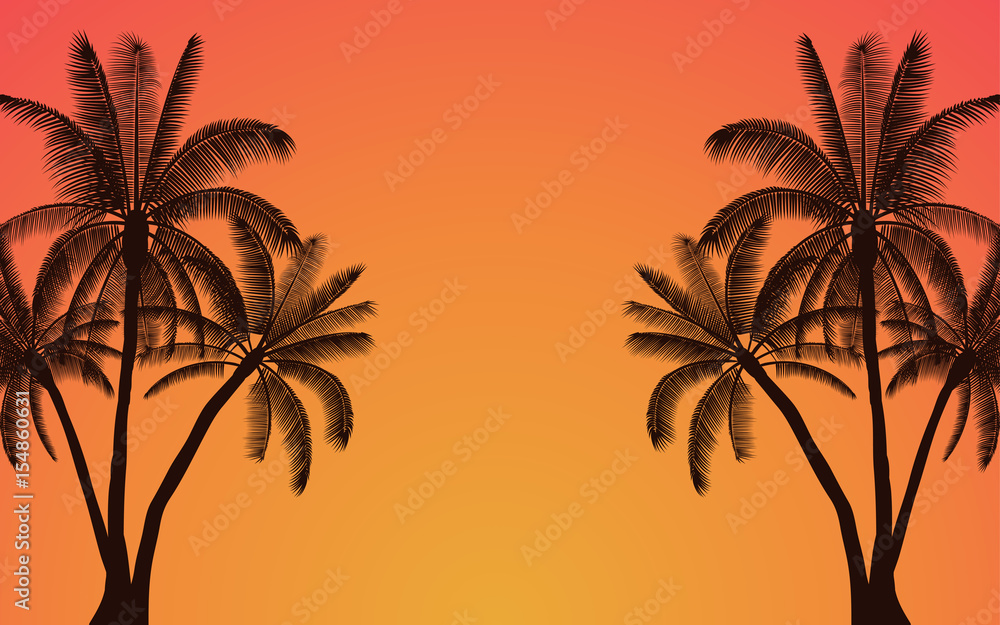 Obraz premium Sylwetka palmy i zachód słońca niebo w płaskiej konstrukcji ikona z tłem vintage filtra