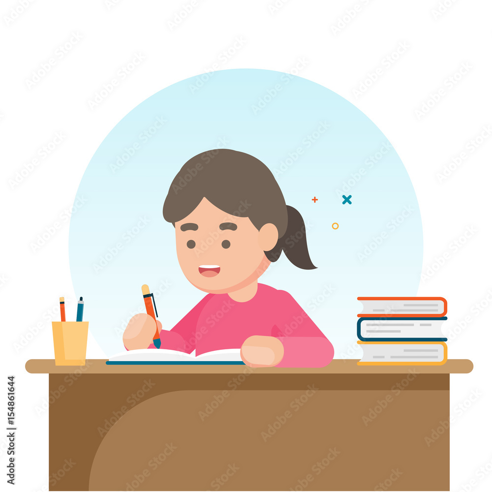 Happy cute school girl writing for homework, Study concept, Vector illustration. Happy cute school girl writing for homework, Study concept, Vector illustration.