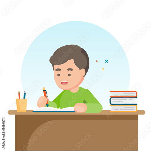 Happy cute  school boy writing for homework, Study concept, Vector illustration.