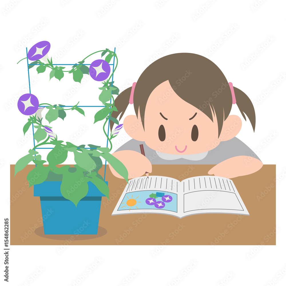 朝顔の観察日記をつける女の子 Stock イラスト Adobe Stock