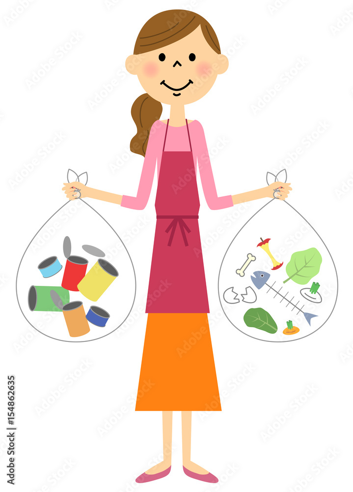 ゴミ分別　エプロンの女性