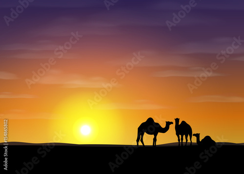 Desert with camels. Vector illustration.