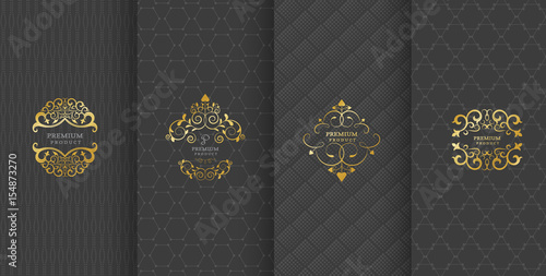 Collection of design elements,labels,icon,frames, for packaging,design of luxury products.Made with golden foil.Isolated on black background. vector illustration