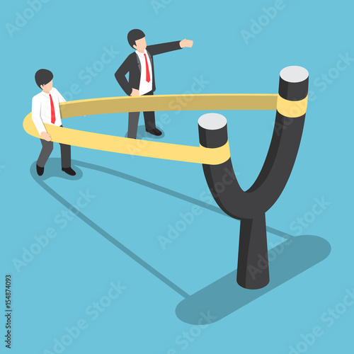 Isometric businessman preparing to fly by slingshot catapult