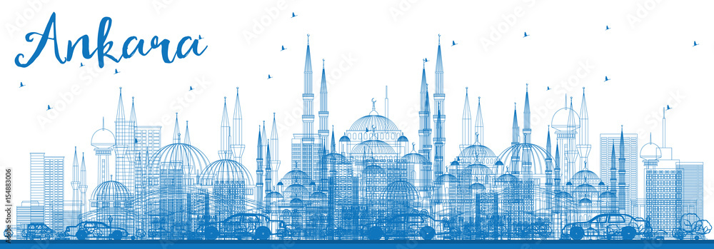 Outline Ankara Skyline with Blue Buildings.