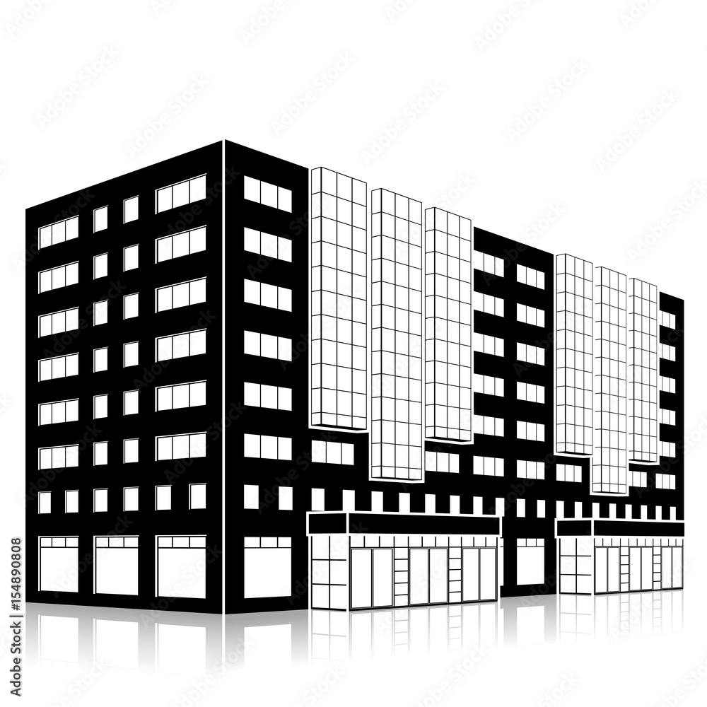silhouette office building with an entrance and reflection silhouette office building with an entrance and reflection