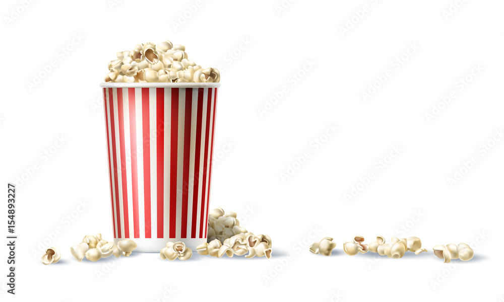 Vector illustration of a red and white cardboard bucket with popcorn in a realistic style isolated on white