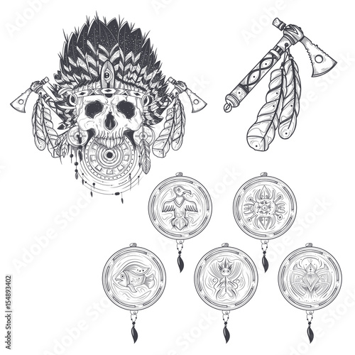 Set of vector illustrations of a templates for a tattoo with a human skull in an indian feather hat, tomahawk and various dream catchers. Design element, print for T-shirts