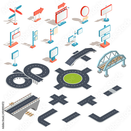 Set of vector isometric illustrations, icons of billboards, advertising banners, road signs, direction signs with different road sections