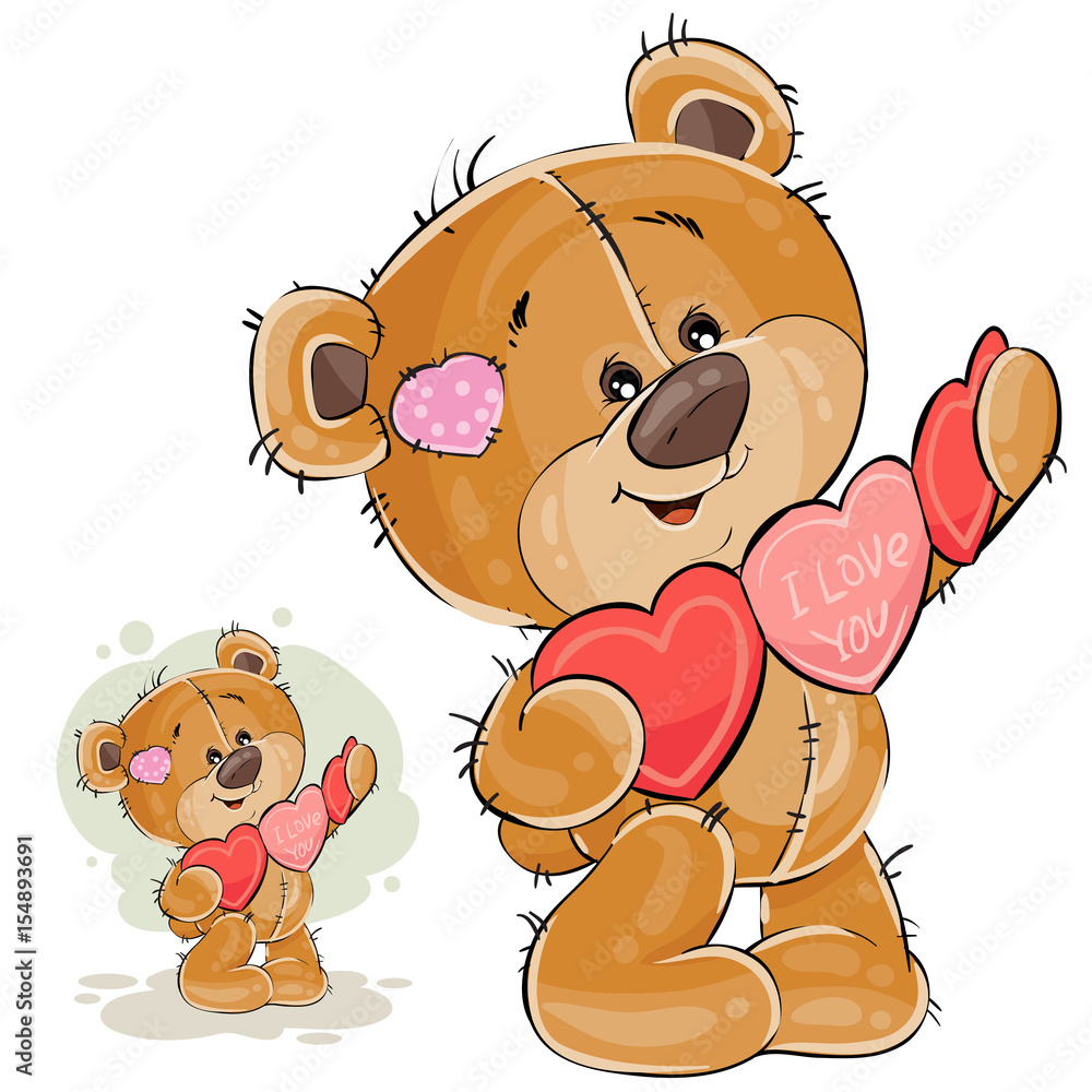 Naklejka premium Vector illustration of a brown teddy bear holding a garland of red and pink hearts in its paws. Print, template, design element