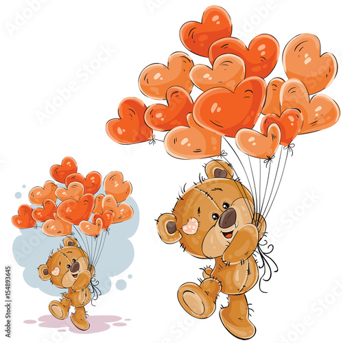 Vector illustration of a brown teddy bear holding in its paw a red balloons in the shape of a heart. Print, template, design element