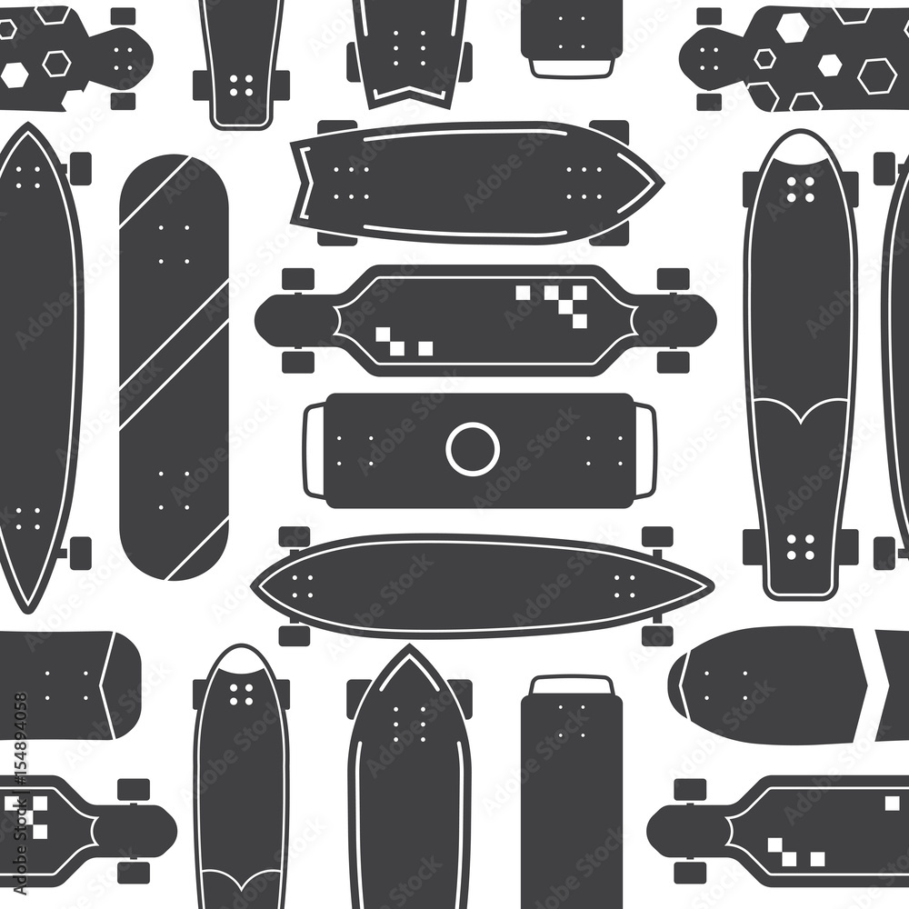 Vecteur Stock Skateboard pattern with vector various skate decks in outline  design. Skateboarding seamless background with boards of different colors  and types. | Adobe Stock