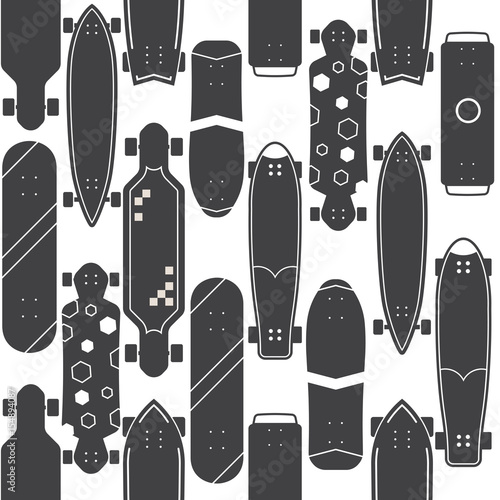 Skateboard pattern with vector various skate decks in outline design. Skateboarding  seamless background with boards of different colors and types.