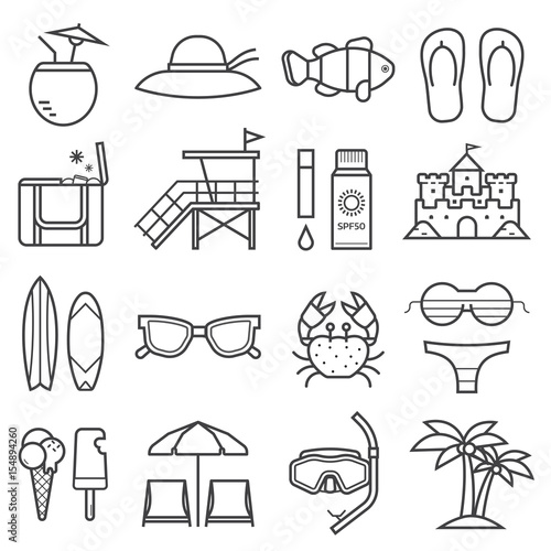 Summer beach icon set. Summertime sea vacation collection in linear style. Sunbathing accessories and beach activity elements. Tropical holidays vector icons in line art design.