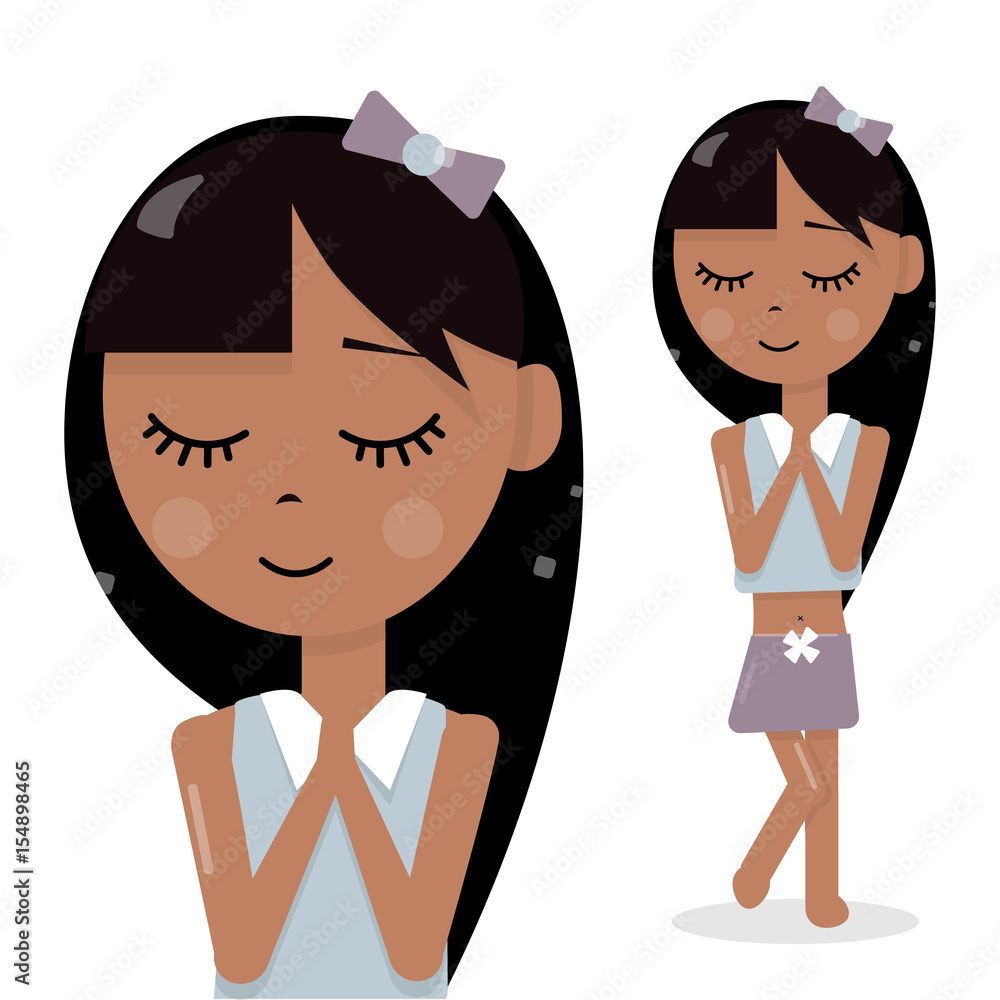 Cute young girl. Fashionable and bright. Dreams of love. Cartoon character.  Avatar for a blog or promotional products. A child with long black hair in  a skirt. Funny and cheerful. Stock Vector |