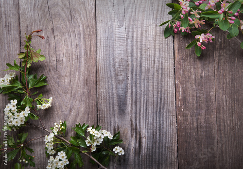 SSpring Flowers hawthorn on background of old vintage blue board