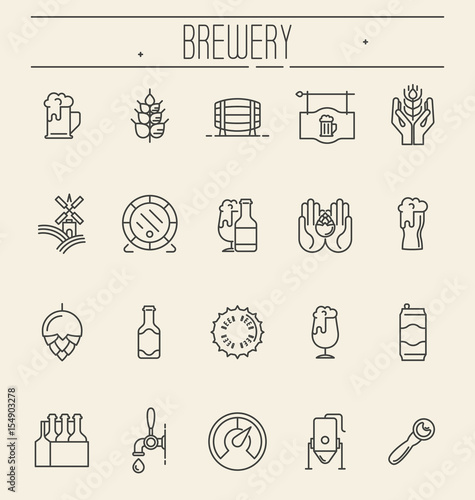 Set of thin line icons of beer and brewery. Modern vector illustration.
