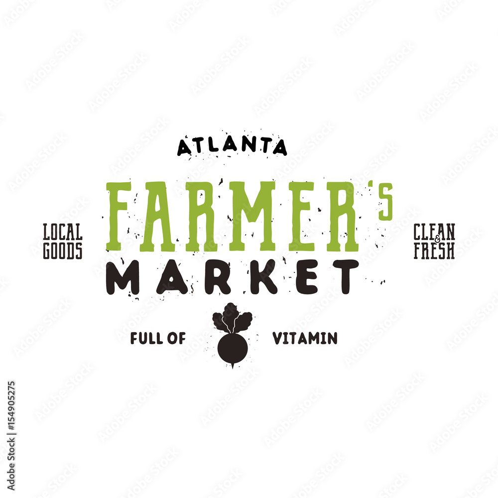 Fototapeta premium Farmers Market typography emblem design. Vintage roughen and hipster style. Bio, green eco logo template. Isolated on white background. Vector label