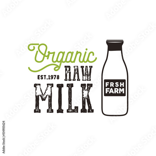 Organic raw milk poster. Farm fresh products banner template with bottle of milk and typography elements. Vector roughen style isolated on white background.