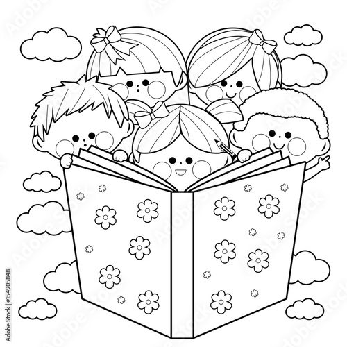 Children reading a book. Vector black and white coloring page.