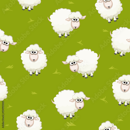 Seamless pattern with cute funny herd white sheeps on grass. Vector background