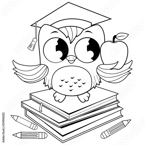 Owl teacher with a graduation hat sitting on a stack of books. Vector black and white coloring page.