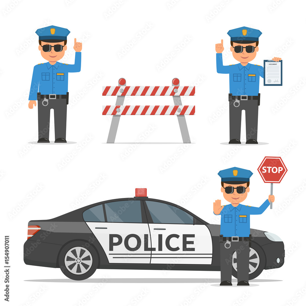 Set of cartoon characters of a police officer. Traffic policeman in different poses. Police car and police roadblock. Vector illustration in flat style. Set of cartoon characters of a police officer. Traffic policeman in different poses. Police car and police roadblock. Vector illustration in flat style.