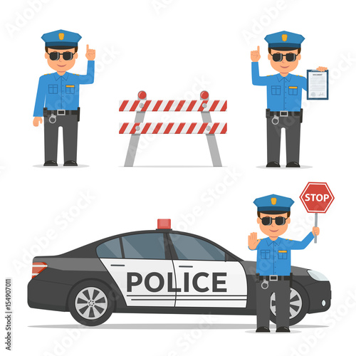 Set of cartoon characters of a police officer. Traffic policeman in different poses. Police car and police roadblock. Vector illustration in flat style.