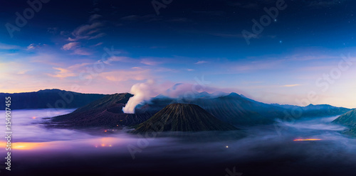Mount Bromo volcano (Gunung Bromo) during sunrise from viewpoint on Mount Penanjakan. photo
