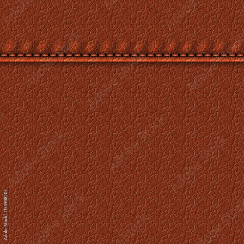 Realistic leather texture with a seam. Brown leather background with stitching. Vector illustration
