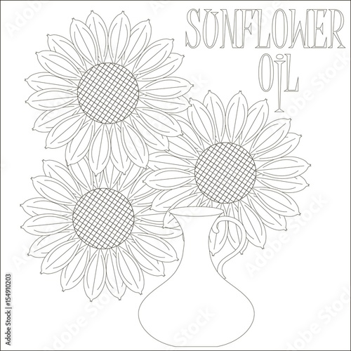 Sketch for product packaging design Sunflower oil, thin black line on white stock vector illustration