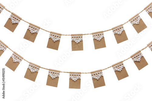 Bunting party flags made from kraft paper and lace isolated on white background