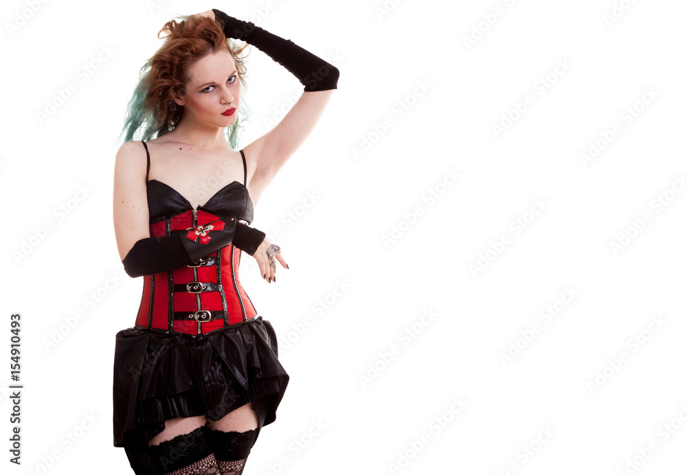 Uddrag Rig mand skjorte BDSM model in leather corset posing on white background in studio photo  Stock-foto | Adobe Stock
