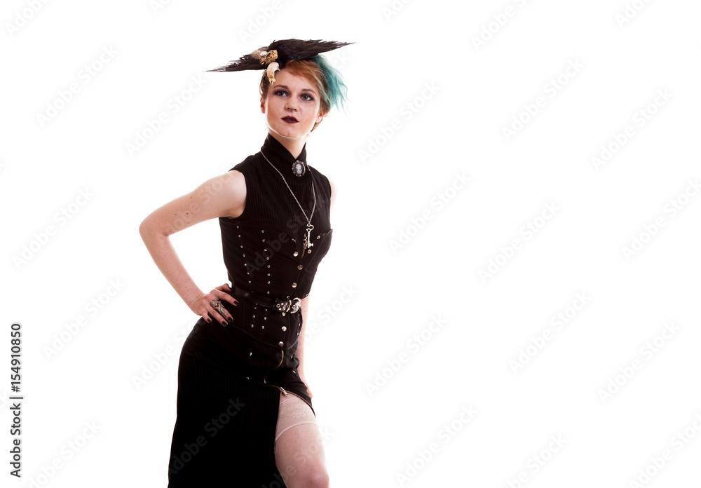 Portrait of woman in pirate costume isolated over white background in studio photo. Carnival and halloween. Fantasy and masquerade Portrait of woman in pirate costume isolated over white background in studio photo. Carnival and halloween. Fantasy and masquerade