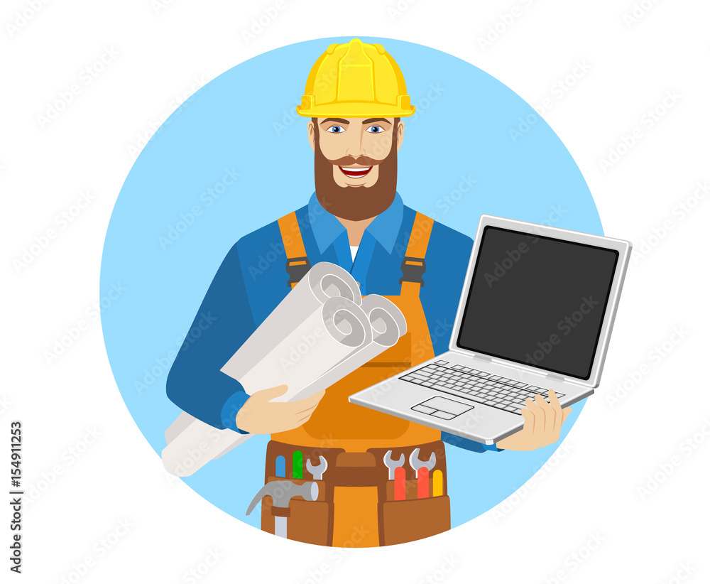 Worker with laptop notebook holding the project plans Worker with laptop notebook holding the project plans