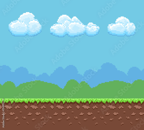 Pixel 8bit game vector background with ground and cloudy sky panorama