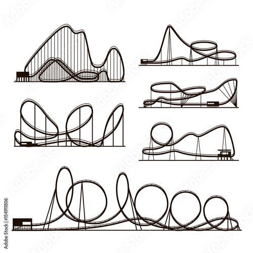 Rollercoaster vector vector black silhouettes isolated on white. Amusement park icons