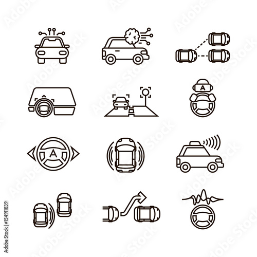 Smart car and hands free driving automatic system vector line icons