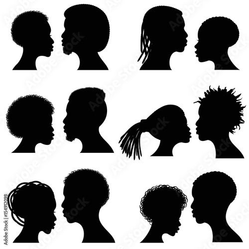 African female and male face vector silhouettes. Afro american couple portraits for wedding and romantic design